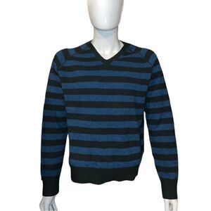 J. Crew Mens Lambs Wool Sweater Blue Green Striped Tight Knit Large EUC